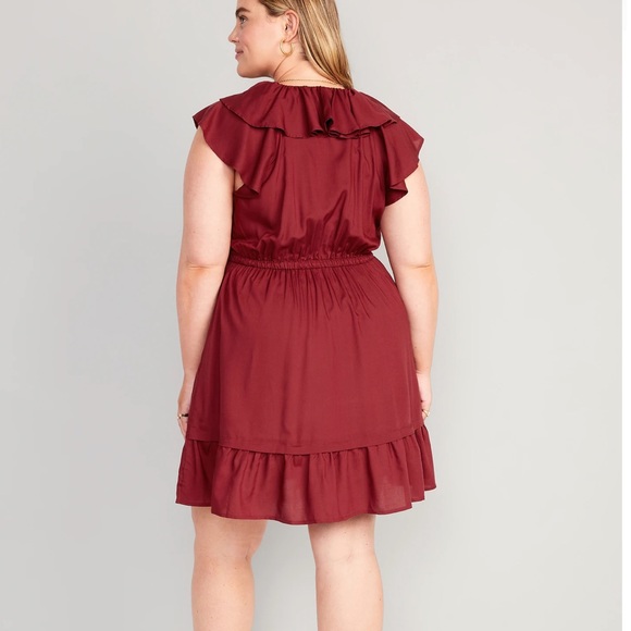 NWT OLD NAVY Waist-Defined Ruffle-Trim Mini Dress Color: Red Red Wine - Picture 6 of 8